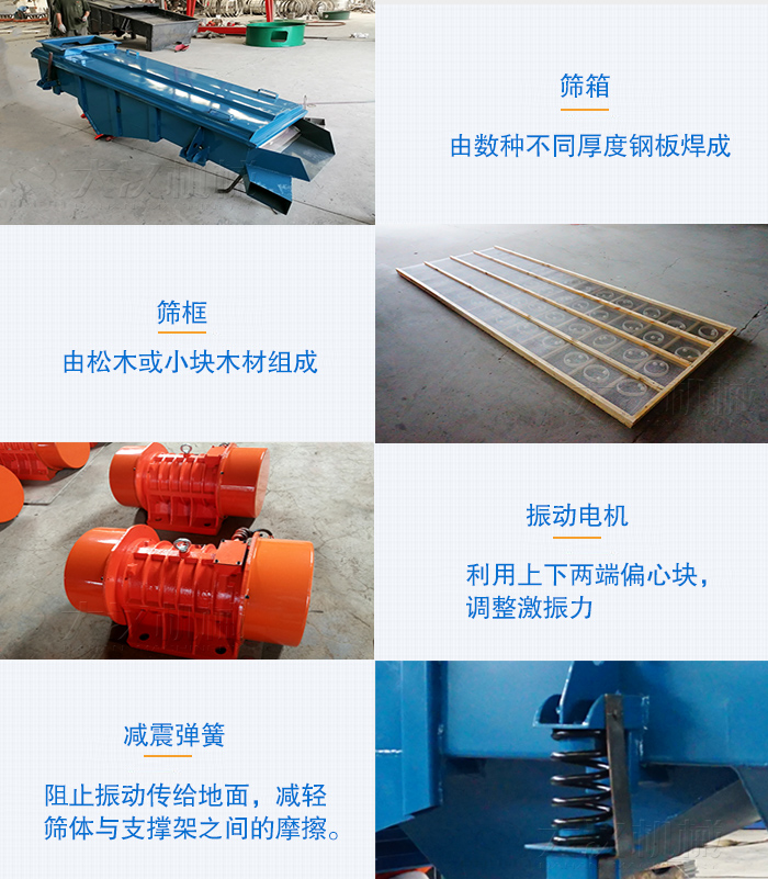 小型直線篩篩箱，篩框，振動(dòng)電機(jī)，彈簧等部件圖片展示